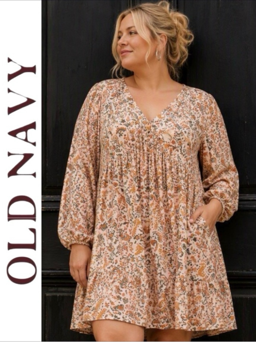 XXL Old Navy Puff-Sleeve Mini Swing Dress in Peachy Orange Floral